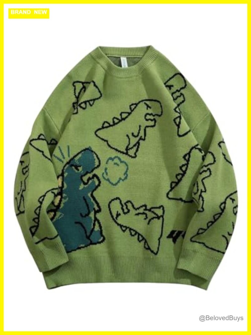 Oversized Dinosaur Graphic Knit Sweater Pullover Drop Shoulder Y2K Kawaii